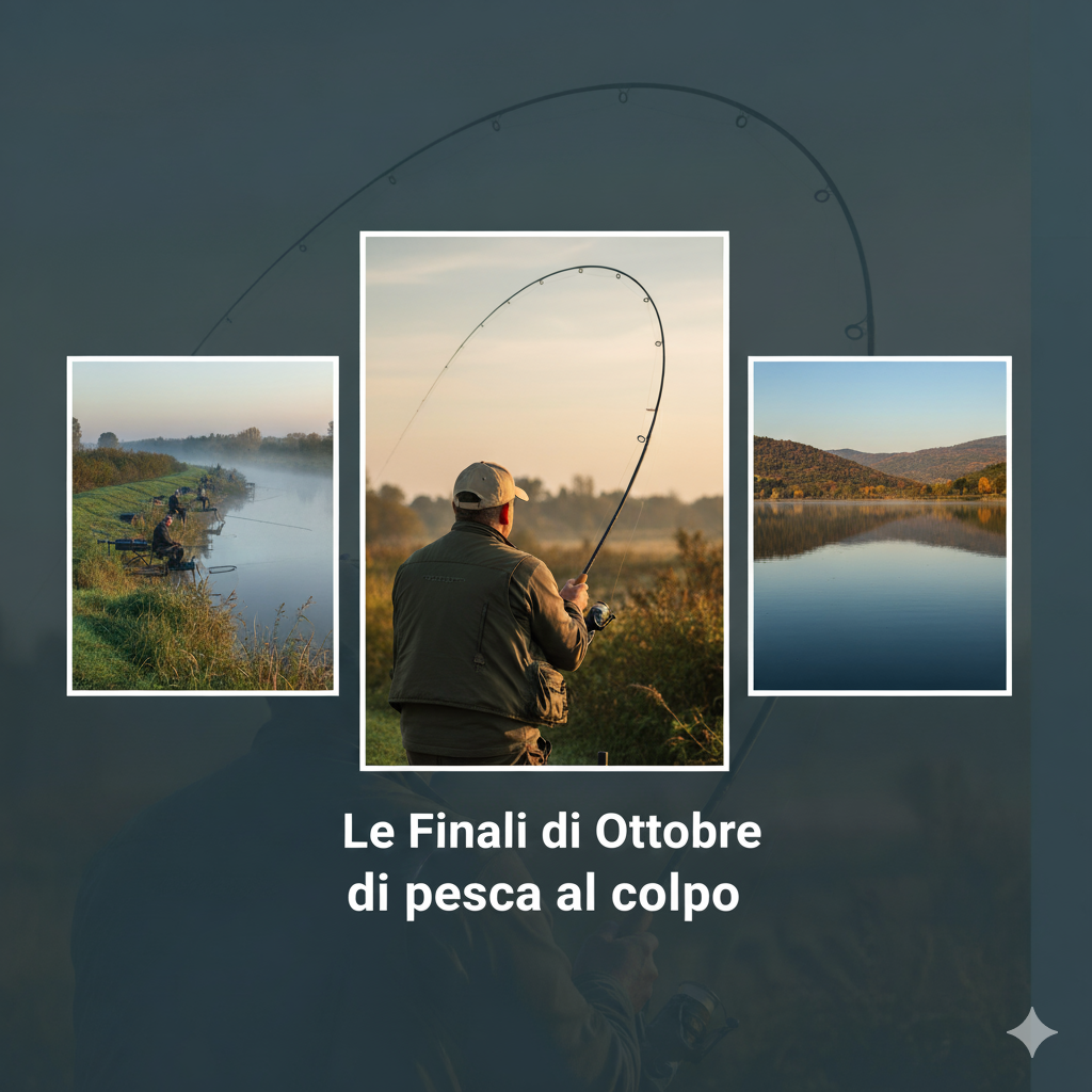 Collage di foto che mostra un pescatore di schiena concentrato, un canale nebbioso con altri pescatori e un lago in autunno, con la scritta "Le Finali di Ottobre di pesca al colpo".